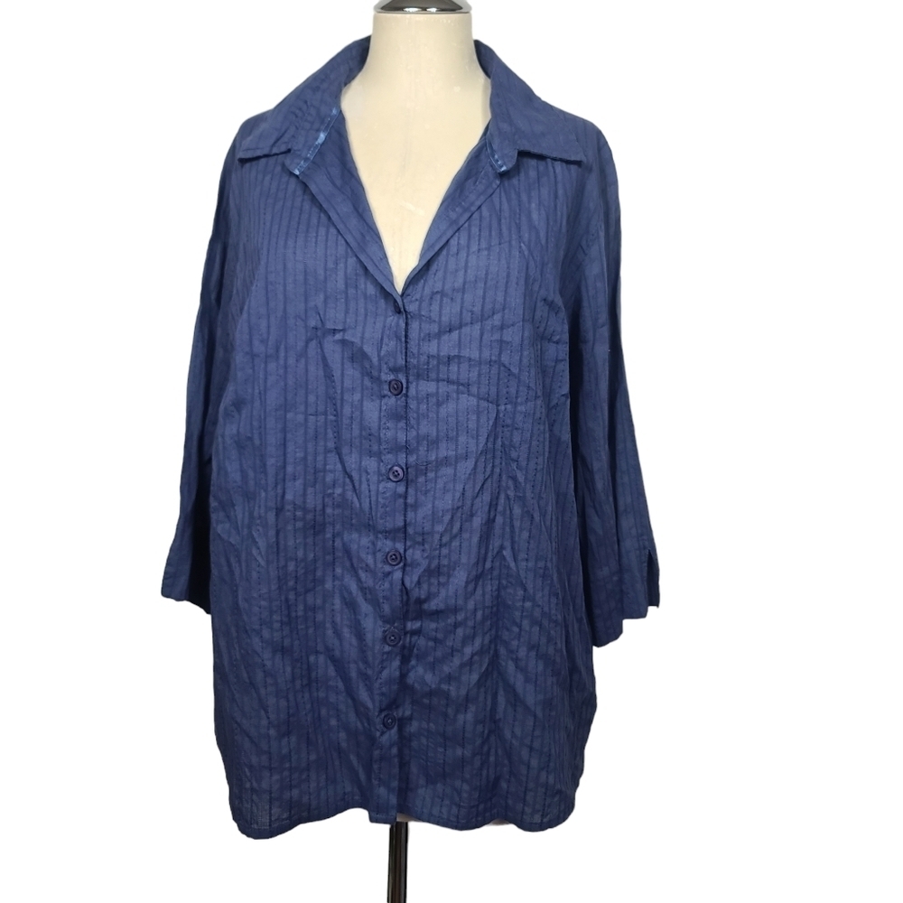 Krazy Kat Blue V Neck Button Down Top 1X